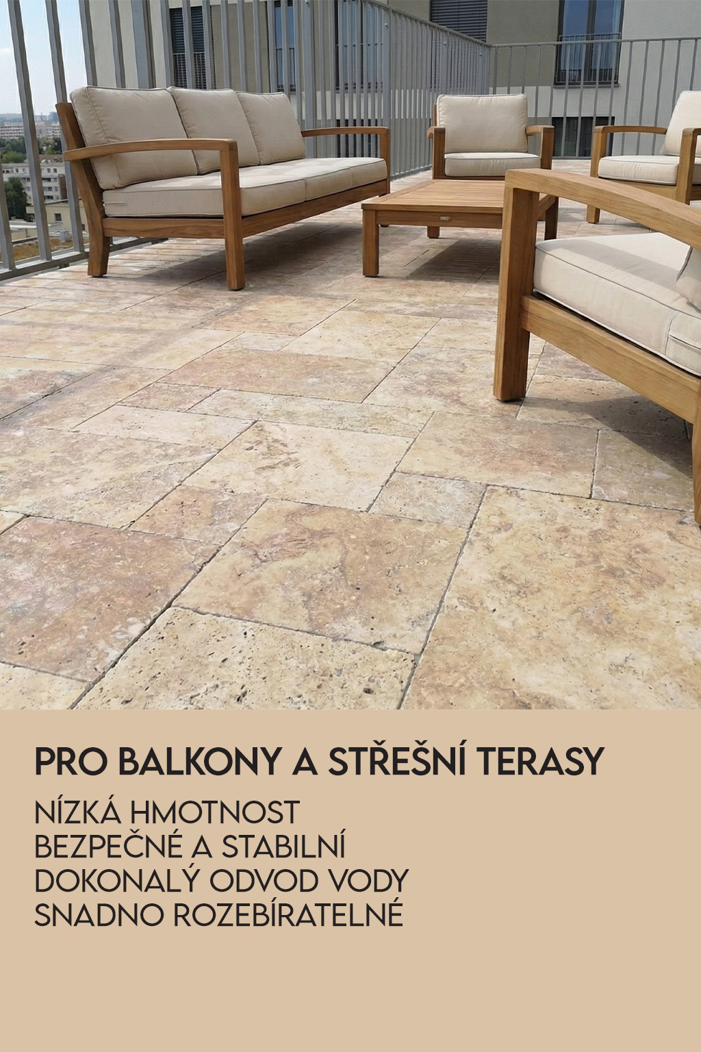 Pokladka pro balkony a strešní terasy z kamene travertin formatované